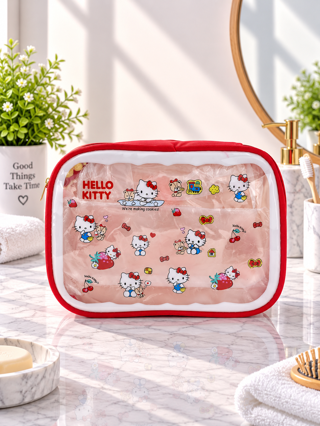 Hello Kitty red transparent window toiletry bag with cute character print